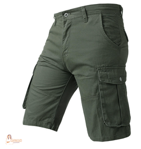 Shorts cargo pour hommes, couleur unie, taille mi-haute, fermeture boutonnée, en toile de coton, style décontracté, avec plusieurs poches, respirant - Product Image 1
