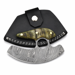 Cuchillo de Camping UllU de Acero de Damasco con Mango de Cuerno de Carnero y Borde Dentado, Funda de Cuero Personalizada - DIY y OEM Disponibles - Product Image 1