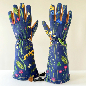 Blue Wildflower Print <b>Long</b> Sleeve Gardening <b>Gloves</b> Brown Suede Palm Extended Gauntlet Protective Shield For Yard Care - Product Image 1