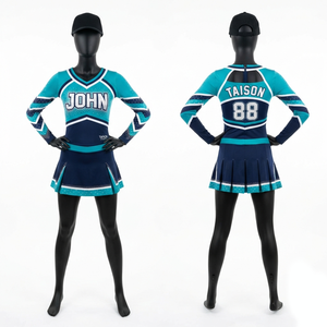 Uniforme de cheerleading en polyester et élasthanne de qualité supérieure 220 GSM, bleu marine et vert, avec empiècements contrastants et logo personnalisé par transfert thermique - Product Image 1