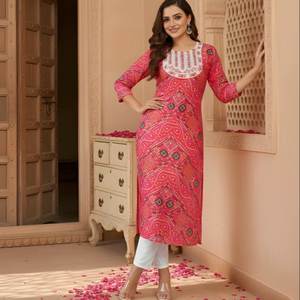 Conjunto de Kurta y Pantalón Recto de Algodón Rosa Estampado, Cuello Redondo, Largo hasta la Pantorrilla, Traje Étnico de Uso Diario para Mujer, Tallas M, L, XL, XXL - Product Image 1