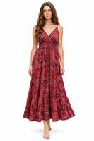 Robe longue bohème rouge à fleurs pour femme, col halter, coupe trapèze, ourlet à volants, ample, décontractée, imprimé numérique, 100 % soie
