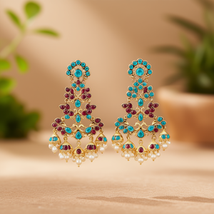 Gold Plated Drop Earrings with Turquoise Zircon and Pearl Tassel - Product Image 3