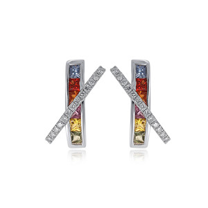 Boucles d'oreilles de luxe pour femmes en or blanc 14 carats avec croix en diamants baguette et incrustation de saphirs multicolores pour un usage quotidien - Product Image 1