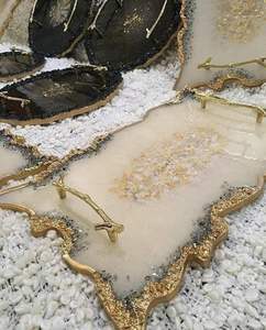 Decorative Luxury Epoxy Resin Serving <b>Tray</b> <b>with</b> Gold Handle Custom Design for Home Dining Table Kitchen and Hospitality Service - Product Image 3