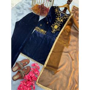 ผ้ากำมะหยี่ปักลายวิสคอสแบบแฟนซีพร้อมแขนกระดิ่งและเสื้อท่อนบนด้านล่างลายสก๊อตสีน้ำเงินเข้ม - Product Image 3