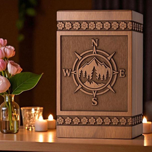Urna Funeraria de Madera Hecha a Mano: Grabado de Brújula y Montaña, Recuerdo Conmemorativo Personalizado por AYAANS - Product Image 2