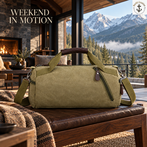 Olive Khaki <b>Canvas</b> Duffel Travel Bag with Padded Handles | Barrel Weekender <b>Holdall</b> with Angled Front Zipper and Shoulder Strap - Product Image 4