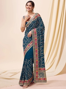 Sari de Mezcla de Seda Bordado Estilo Bollywood KV (Azul) - Product Image 6