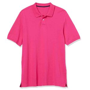 เสื้อโปโลผู้ชายสีชมพู แขนสั้น ผ้าโพลีเอสเตอร์ 100% ทรงปกติ สวมใส่สบาย สีพื้น ระบายอากาศได้ดี ดีไซน์ถักทอ พร้อมโลโก้ด้านหน้า - Product Image 1