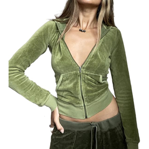 Cardigan à capuche ajusté en velours épais personnalisé B2B, esthétique Y2K, vert olive, manches longues, fermeture éclair - Product Image 1