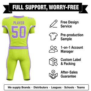 Ensemble d'uniformes de football américain sublimés sur mesure vert et violet, col en V, manches courtes, jersey ajusté anti-transpiration, pantalon pour adulte - Product Image 2