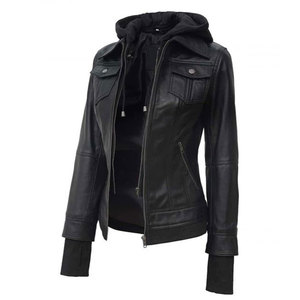 Women's Black Leather Bomber <b>Jacket</b> with Removable Hoodie - Real Lambskin Slim Fit Biker <b>Jacket</b> with Thumbhole Cuffs - Product Image 1