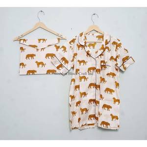 Trending Elegant <b>Modest</b> Indian Handmade 100% Cotton Pajama <b>Set</b> Breathable Digital Printed Jungle Vintage Short Night Wear Women - Product Image 4