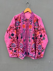 Embroidered Pink Cotton <b>Jacket</b> Kashmiri Suzani Work Boho Shrug Ethnic Winter Cardigan Women Festive Open Front Cape Floral Coat - Product Image 3