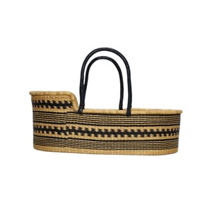 Woven striped <b>seagrass</b> changing <b>basket</b> integrated with rattan changing kid <b>basket</b> and black handles for diaper <b>storage</b> - Product Image 1