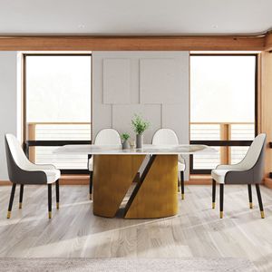 70.86 moderno \ "tavolo da pranzo con pannello in pietra artificiale bianco Pandora curvo con gambe in ferro bronzo in metallo può ospitare 6-8 persone - Product Image 2