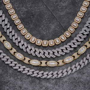 สร้อยคอคิวบันลิงค์สามสีแบบ Iced Out ประดับเพชร สไตล์ฮิปฮอป สีโรสโกลด์ สีเยลโลว์โกลด์ สีไวท์โกลด์ เครื่องประดับแร็ปเปอร์ - Product Image 2