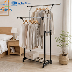 Double <b>Rod</b> Garment Rack Stainless Steel Standing Clothes Organizer for Bedroom Minimalist Design with Wheels - Product Image 1