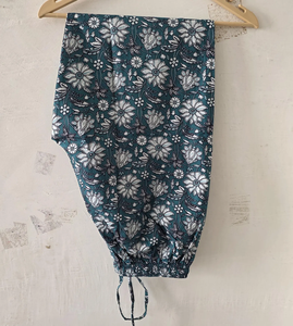 Ensemble de pyjama élégant en coton bleu sarcelle à motifs floraux pour femme, imprimé à la main, manches longues, respirant, séchage rapide, deux pièces, vêtements de nuit d'été - Product Image 4