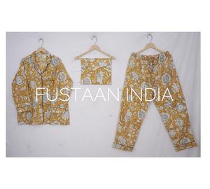 ชุดกลางคืนผ้าฝ้ายลายดอกไม้พร้อมกระเป๋ามัสตาร์ด3ชิ้นพิมพ์ชุดเสื้อกางเกง & กระเป๋าความฝันพฤกษศาสตร์ - Product Image 1