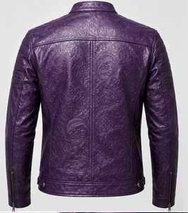 Veste en cuir gaufré violet de haute qualité pour homme, coupe ajustée, col montant, fermeture éclair - Product Image 6