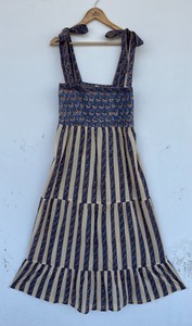 Wholesale Women <b>Navy</b> Dot Cotton Maxi Dress High Neck Puff Sleeve <b>Tie</b> Strap A-Line Resort Wear - Product Image 1