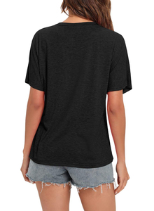 เสื้อยืดแขนสั้นคอวีผู้หญิงทรงหลวมสีทึบผ้าฝ้ายถักเสื้อลำลองมีกระเป๋าสวมใส่ในฤดูใบไม้ผลิฤดูร้อน - Product Image 2