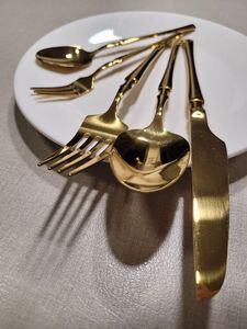Juego de cubiertos de acero inoxidable con mango de bambú dorado, cuchillo de mesa, tenedor, cuchara para sopa, cuchara de té, vajilla metálica, utensilios para catering - Product Image 1