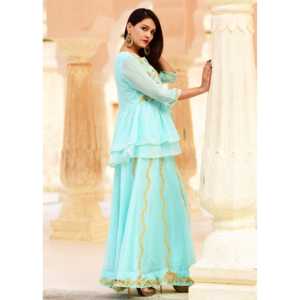 Ensemble Lehenga A-Line Turquoise Fait Main Exclusif Taille XS Taille Empire Imprimé Floral Tissu Organza - Product Image 3