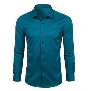 Chemise habillée décontractée pour homme à col montant uni, manches longues, tissée, boutonnée, infroissable, respirante, coupe classique, pour le printemps - Product Image 1
