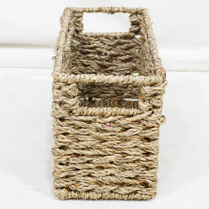 Natural Rustic Seagrass Woven Eco-Friendly Storage <b>Basket</b> Set <b>Rectangular</b> Shelf Organizer Bins with Built-in Handles - Product Image 3