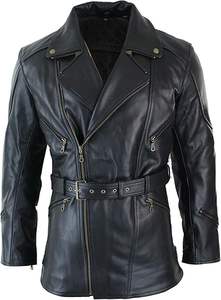 Manteau long en cuir noir sur mesure pour homme, ceinturé, style motard, en véritable peau de mouton, coupe ajustée, veste de motard, vêtement d'extérieur chaud pour l'hiver - Product Image 4