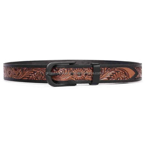 Luxury Hand Carved Floral Embossed Men's Fashion Western Leather <b>Tooling</b> <b>Belt</b> with Black Plated Brass Pin Buckle Cowboy <b>Belt</b> - Product Image 1