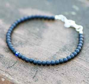 Natural Black Agate Blue Sapphire Gold Plated Handmade Sterling Silver Luxury Charm Bracelet Gemstone Jewelry Gift for Unisex - Product Image 4