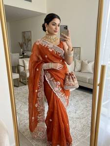 Designer Embroidery Sequence Coding Work And Thread Work In Border Fandy Satin <b>Saree</b> With Running Embroidery Work Blouse Piece - Product Image 6