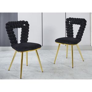 Ensemble de 2 chaises de salle à manger modernes avec pieds en tube de fer doré et coussins noirs doux, dossier confortable pour salle à manger - Product Image 2