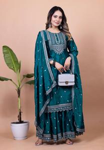 Beautiful Chinon Silk <b>Sequin</b> Frock Style Kurti <b>Flared</b> Sharara Long Embroidered Stole Combo Three Piece Indian Outfit - Product Image 2