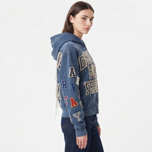 Sudadera con capucha extragrande con cremallera para mujer, estilo americano, holgada, con bordado desgastado y hombros caídos, para invierno - Product Image 3