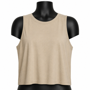 Camiseta sin mangas de color sólido para mujer, cuello redondo, transpirable, tejido de punto, largo regular, beige, 100% algodón, deportiva, jersey de 180g - Product Image 5