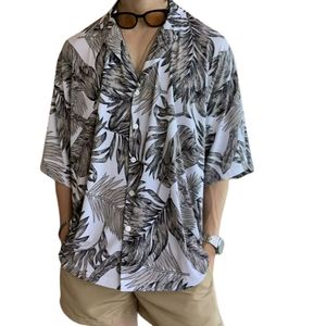 Chemise Hawaïenne Formelle d'Été pour Homme à Col Montant en Satin, Manches Courtes, Imprimé Floral Arbre Tropical, Idéale pour les Vacances Décontractées - Product Image 1