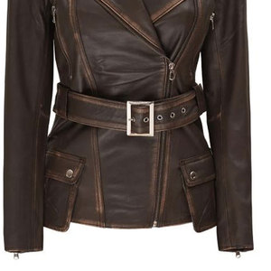 Chaqueta de Motera Asimétrica para Mujer, con Cinturón Ajustable, Estilo Desgastado, en Piel de Cordero Auténtica Hecha a Mano - Product Image 4