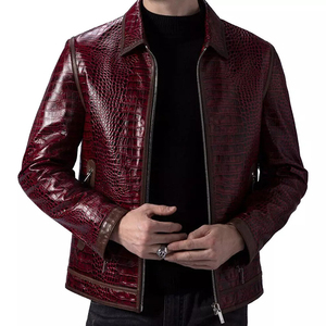 Trendy Men's Red Embossed PU Leather Biker Jacket Turn-down Collar Zipper Closure Moto Style Autumn Wear Breathable - Product Image 6