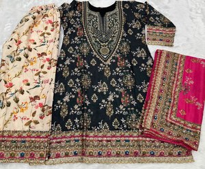 Black Embroidered <b>Kurta</b> Palazzo Dupatta Set Indian Pakistani <b>Women</b> Traditional Party Wear - Product Image 3