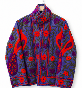 MORVI FAB Chic Veste matelassée en feutre de laine brodée Suzani écologique pour femme, col montant, devant ouvert, motif floral paon, style bohème en coton - Product Image 1