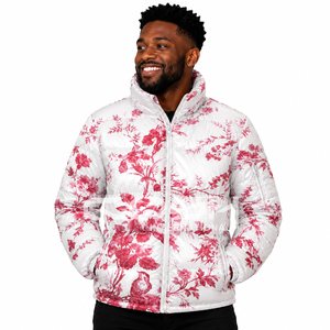 Cosh International Custom OEM <b>Mens</b> Heated Winter Puffer <b>Jacket</b> Fully Sublimated Double Shade Pink & <b>White</b> Warm <b>Jacket</b> - Product Image 1