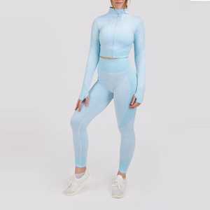 Conjunto de Yoga para Mujer, Azul Claro, 2 Piezas, Top Corto, Leggings de Cintura Alta, Spandex, Poliéster, Sin Costuras, Transpirable, Directo de Fábrica - Product Image 2