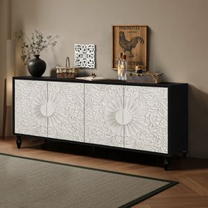Mobile TV Vintage Bianco con Ante Grandi Sfaccettate Intagliate e Incollate, Combinato con Cornici Nere, Eleganti Credenze e Sideboard - Product Image 3