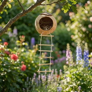 Nichoir pour oiseaux en coquille de noix de coco fait à la main, à suspendre au mur, rond, décoration de maison DIY, marque KOTTRAVAI, du Tamil Nadu - Product Image 5