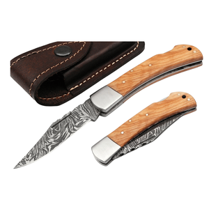 Navaja Plegable Premium de Acero de Damasco con Mango de Madera de Olivo, Hecha a Mano, para Uso en Exteriores y EDC - Product Image 1